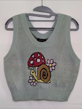 Sage Green Knit Crop Sweater Vest with Snail & Mushroom Motif